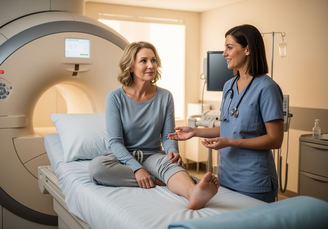 Středně stará žena sedí na nemocniční posteli při vyšetření kloubu MRI, technik jí vysvětluje postup.