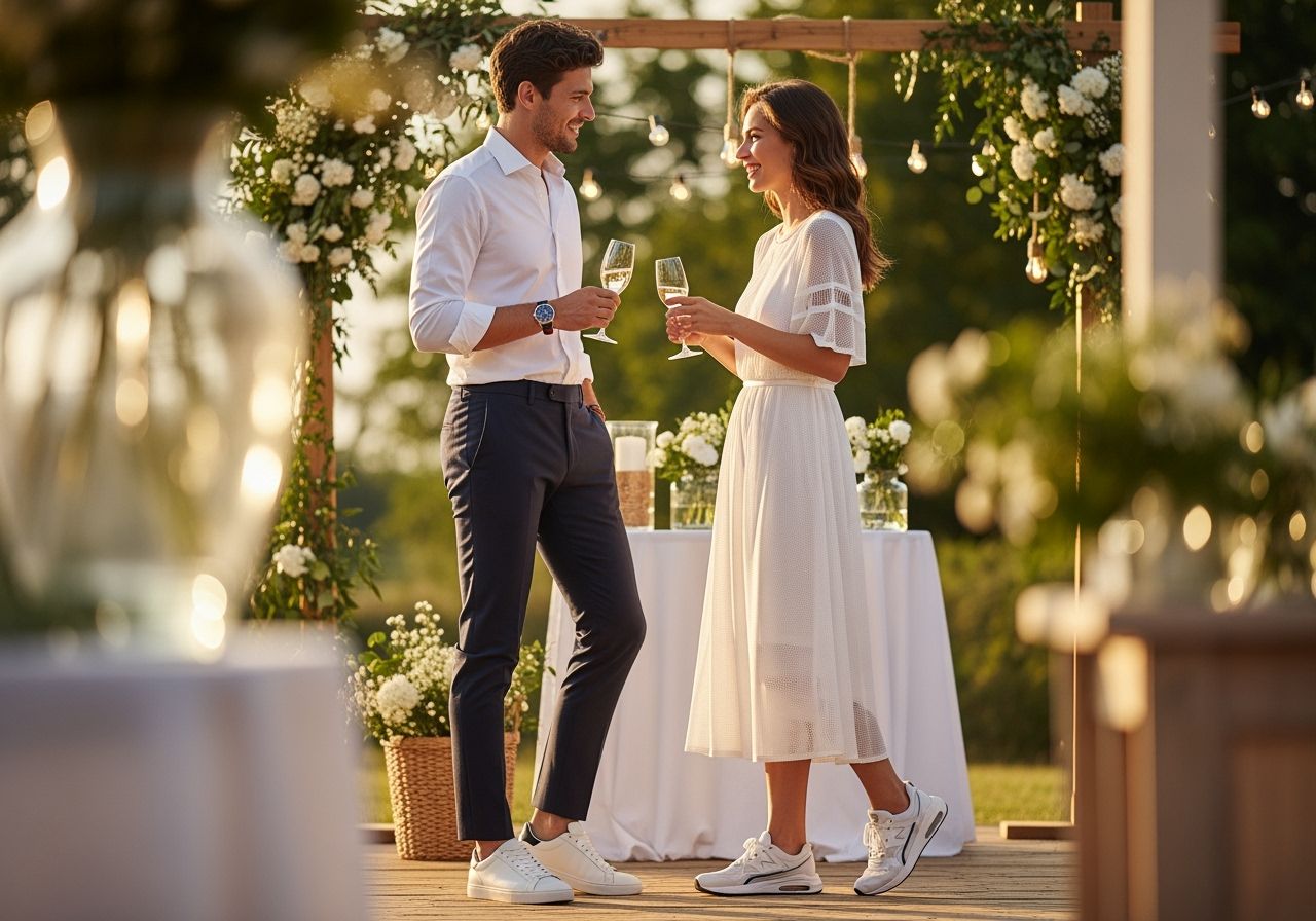 Stylový pár na venkovní svatbě v elegantním sportovním oblečení, drží se za ruce, obklopen zelení a světly