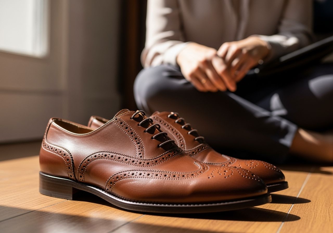 Hnědé kožené dámské oxfordky s brogue detaily na dřevěné podlaze vedle elegantního oděvu.
