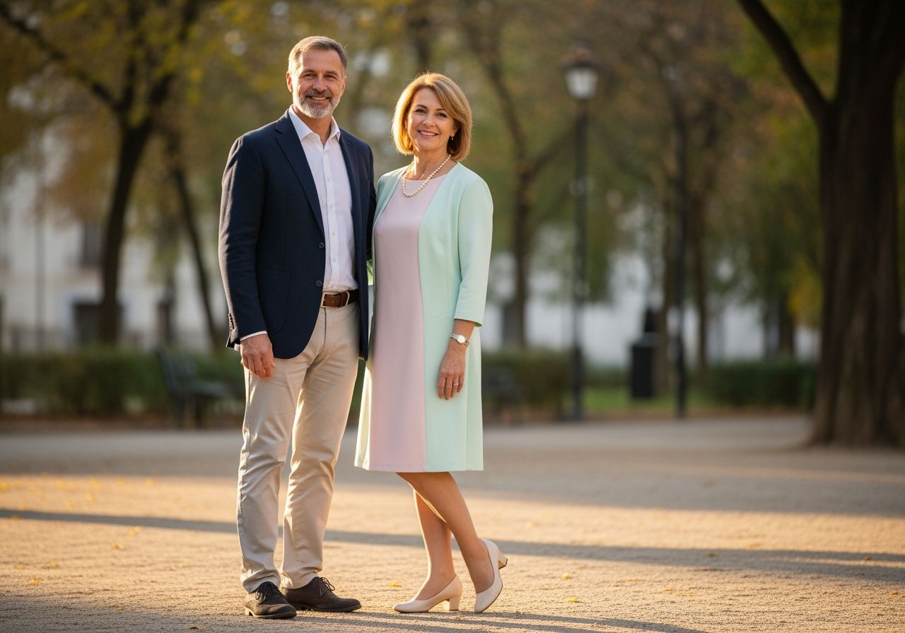 Muž a žena v městském parku na setkání po 30 letech, oblečeni ve smart casual, usmívají se.