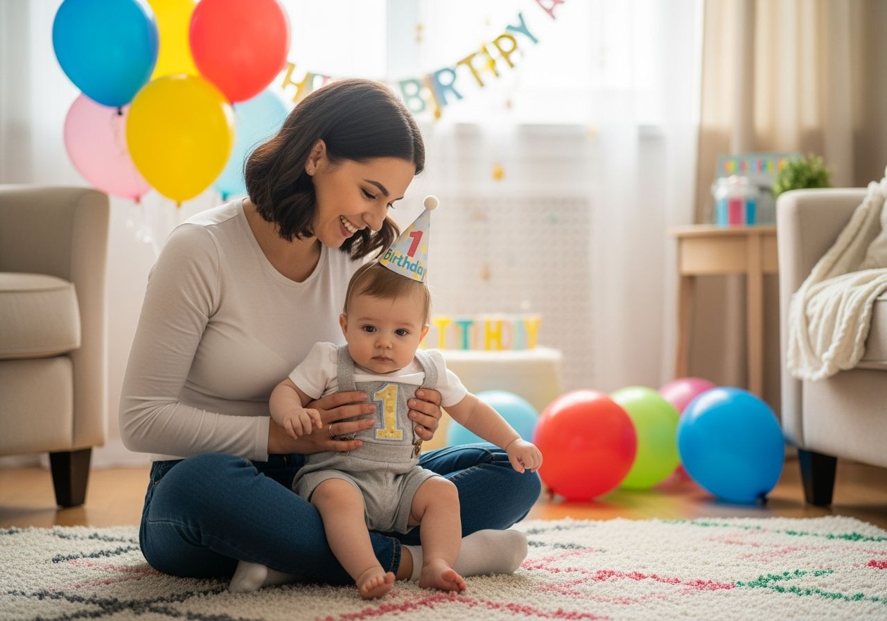 Mladá matka drží jednoleté dítě na barevném koberci, s balónky a narozeninovou výzdobou v pozadí.
