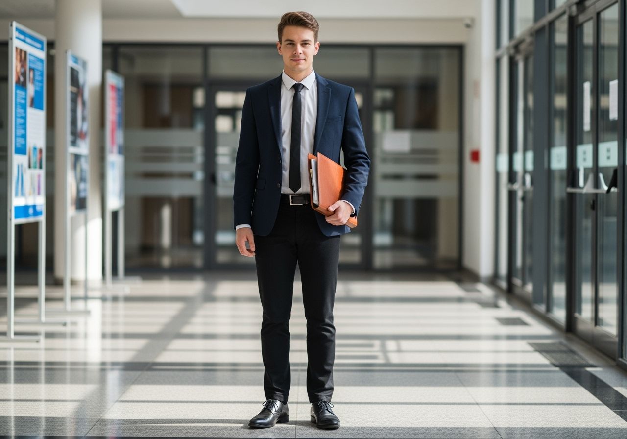Mladý dospělý v formálním oblečení drží složku v moderní univerzitní chodbě před obhajobou práce