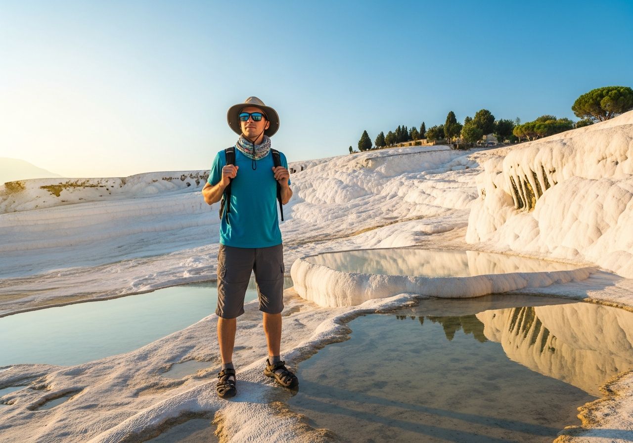 Cestovatel u bílých travertinových teras Pamukkale v Turecku za zlaté hodiny