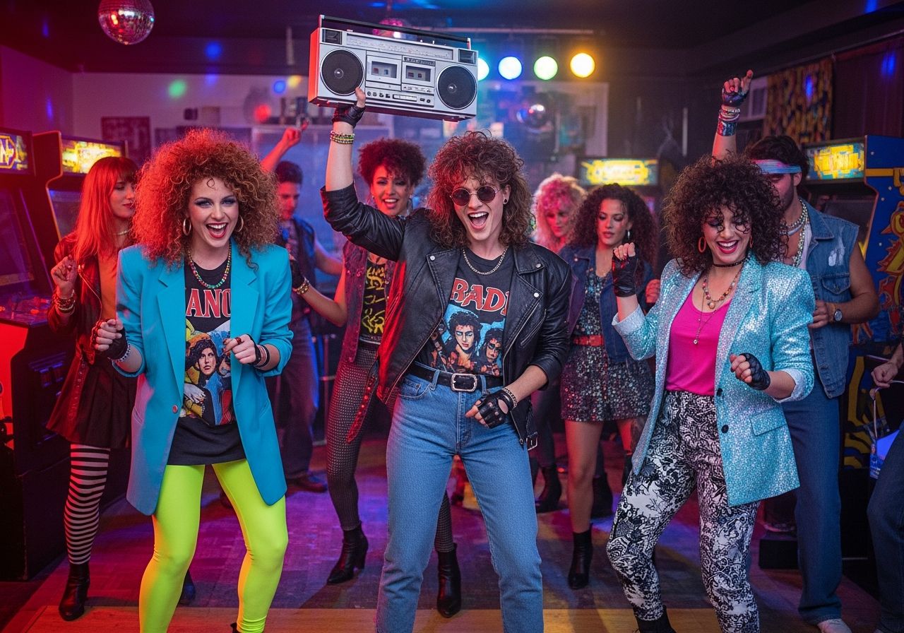 1980s párty s lidmi v ikonickém oblečení, disco světly a arkádovými hrami v živé taneční atmosféře