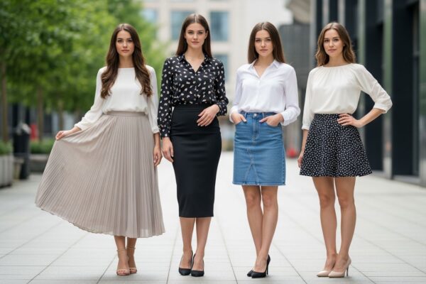 Mladá žena v městském prostředí s různými styly sukní: plisovaná, pouzdrová, džínová a mini.