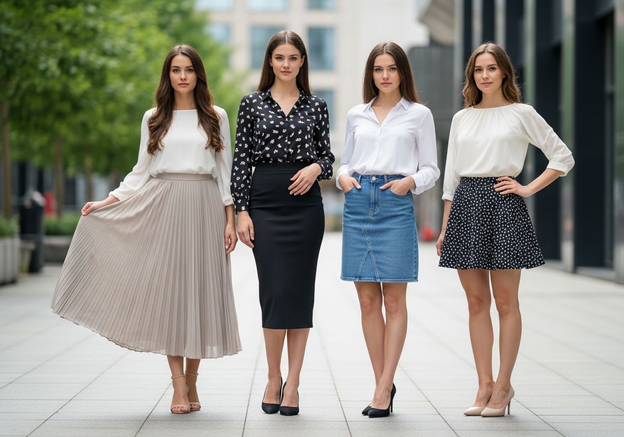 Mladá žena v městském prostředí s různými styly sukní: plisovaná, pouzdrová, džínová a mini.
