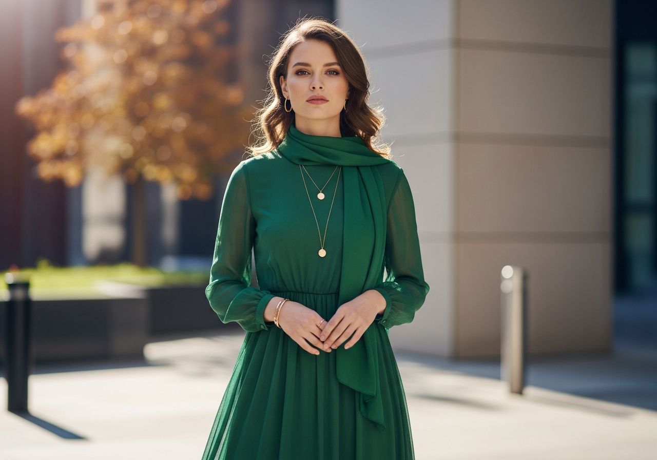 Elegantní žena v tmavě zelených šatech s šálou a zlatými doplňky, stojící v moderním městském prostředí.