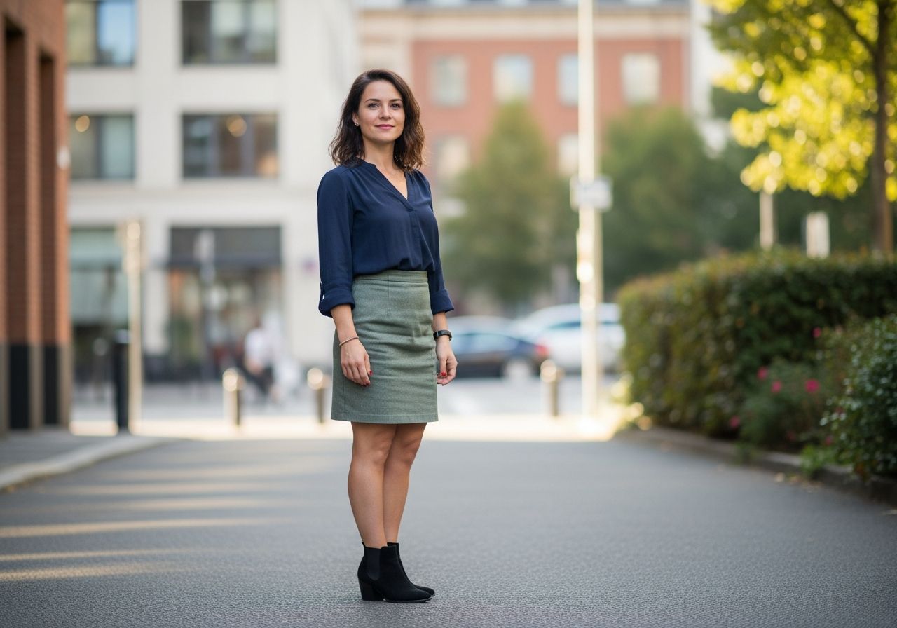 Mladá žena v městském prostředí s elegantním oblečením a přirozeným osvětlením.