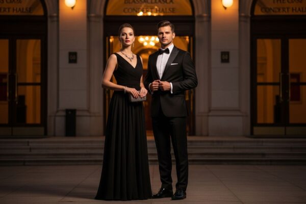 Elegantní pár před koncertní síní večer v formálním oblečení, teplé osvětlení, detailní fotografie