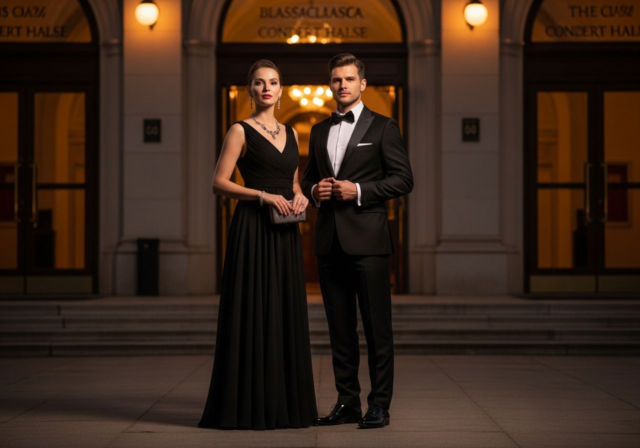 Elegantní pár před koncertní síní večer v formálním oblečení, teplé osvětlení, detailní fotografie