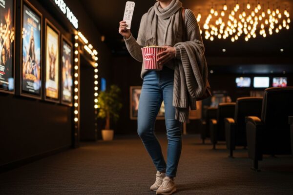 Mladý dospělý s lístkem a popcornem stojí v moderním kině s útulným osvětlením pozadí.