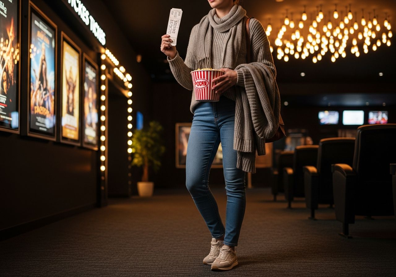 Mladý dospělý s lístkem a popcornem stojí v moderním kině s útulným osvětlením pozadí.