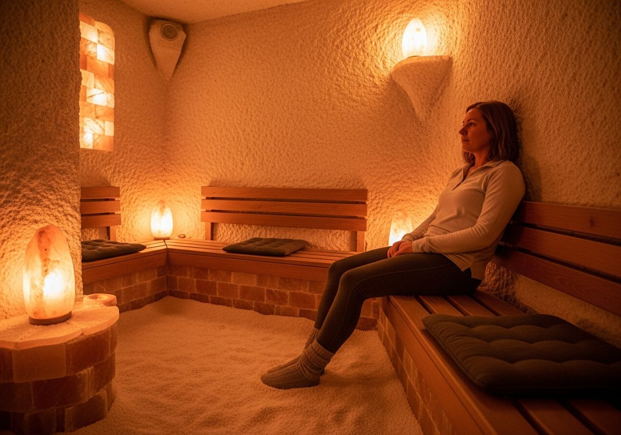Osoba v lehkém oblečení relaxuje v solné jeskyni s teplým osvětlením a solnými lampami.