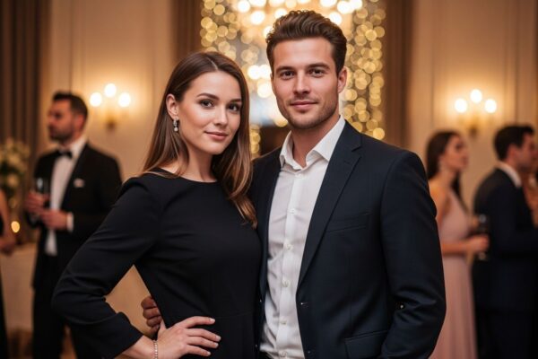 Mladý muž a žena v moderním večerním oblečení na elegantní párty s teplým osvětlením pozadí
