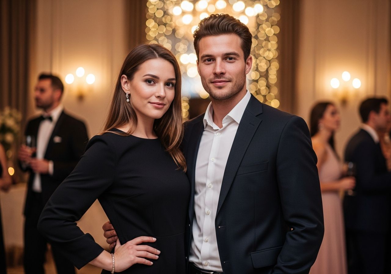Mladý muž a žena v moderním večerním oblečení na elegantní párty s teplým osvětlením pozadí