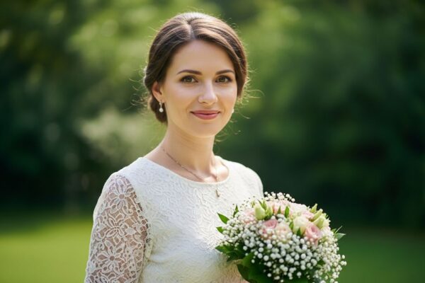 Žena s kyticí květin v zahradě během svatební oslavy, s jemným úsměvem a přirozeným světlem