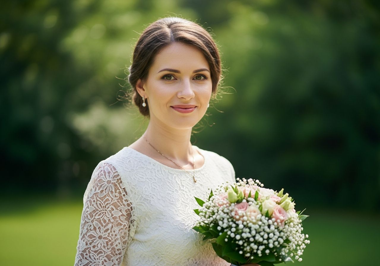 Žena s kyticí květin v zahradě během svatební oslavy, s jemným úsměvem a přirozeným světlem