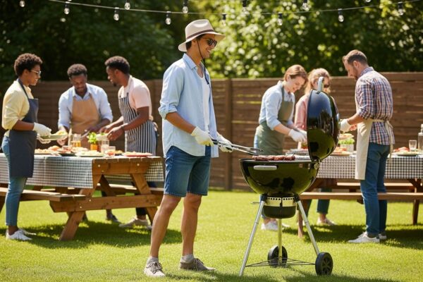 Skupina lidí připravuje barbecue venku u grilu, na zahradě za slunečného dne.