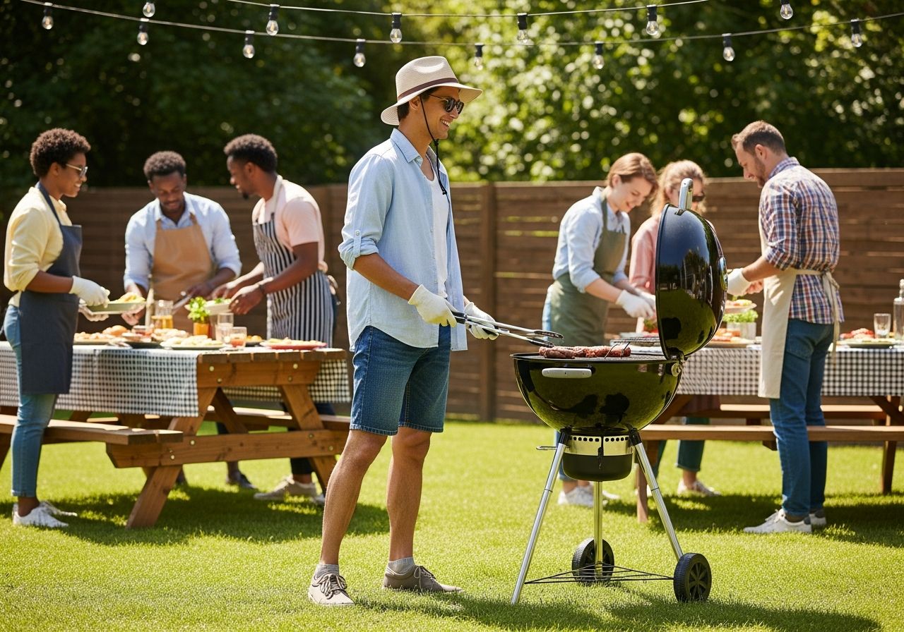 Skupina lidí připravuje barbecue venku u grilu, na zahradě za slunečného dne.