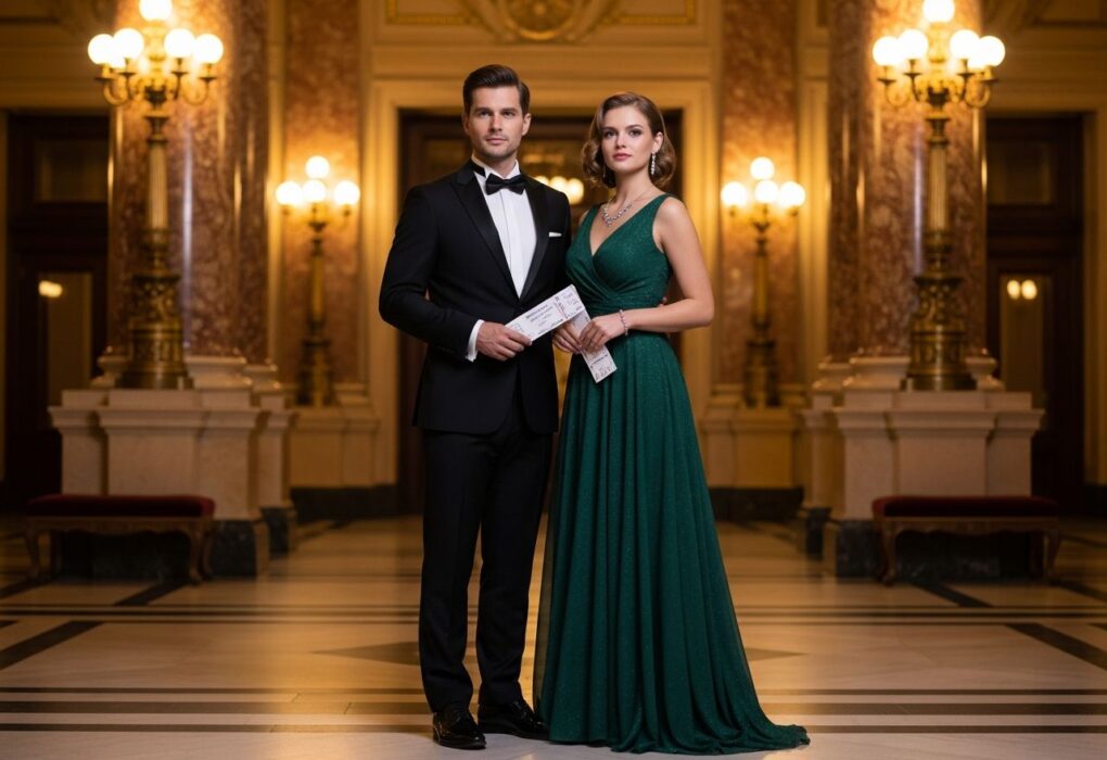 Elegantní pár v lobby historické opery, připravený na večer v divadle, drží vstupenky