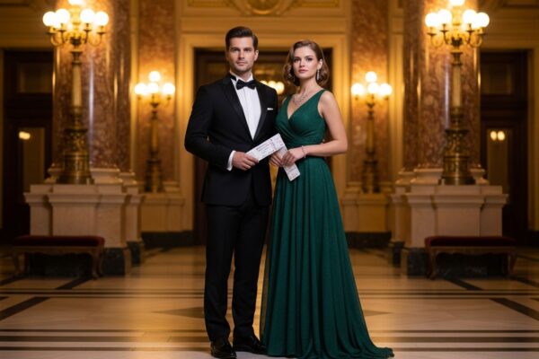 Elegantní pár v lobby historické opery, připravený na večer v divadle, drží vstupenky