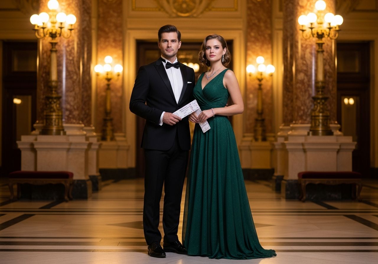 Elegantní pár v lobby historické opery, připravený na večer v divadle, drží vstupenky