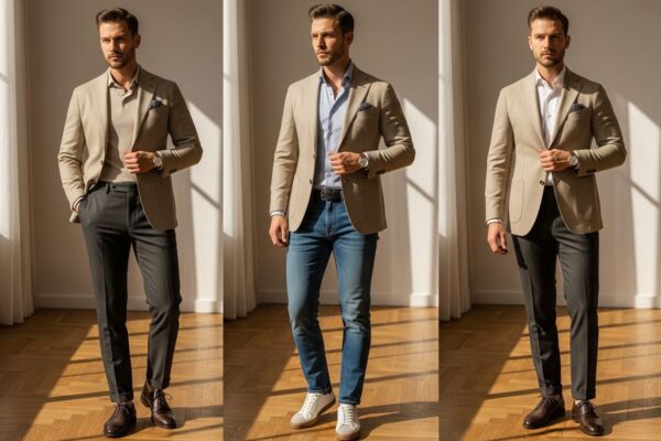 Muž v béžovém saku ve třech outfitech pro volný čas, business casual a formální příležitost