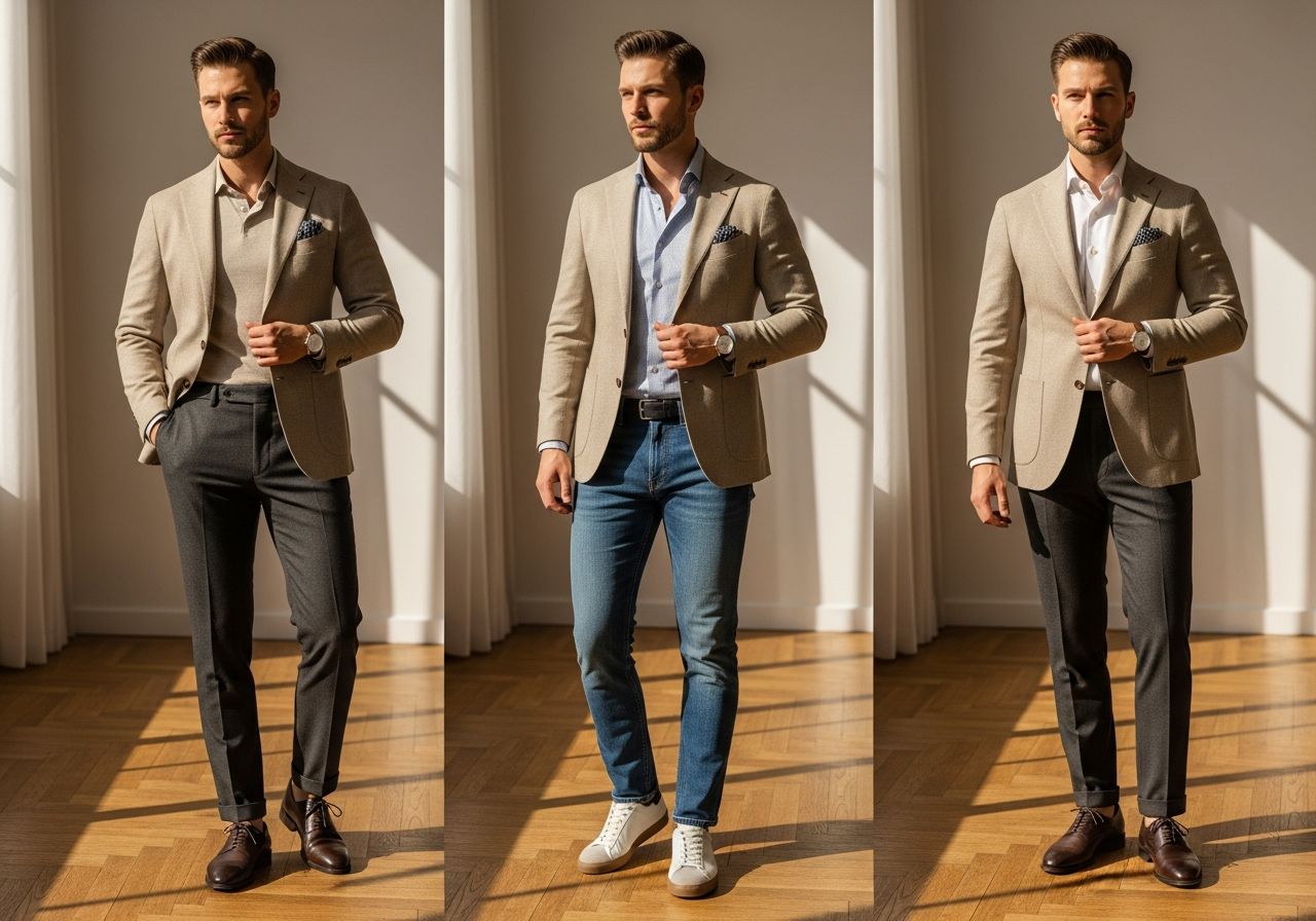 Muž v béžovém saku ve třech outfitech pro volný čas, business casual a formální příležitost