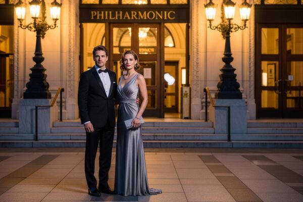 Muž a žena ve formálním oblečení před filharmonií večer před koncertem.