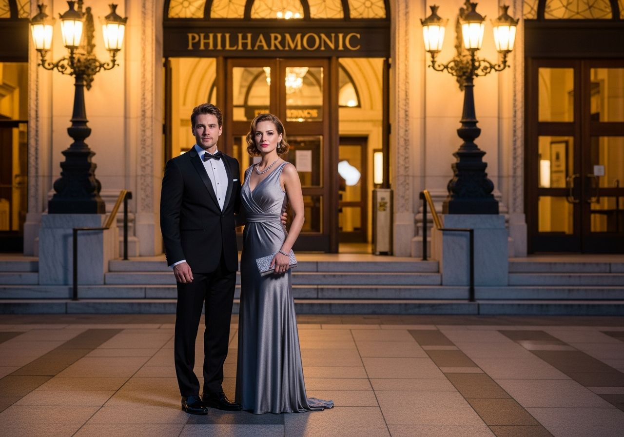 Muž a žena ve formálním oblečení před filharmonií večer před koncertem.