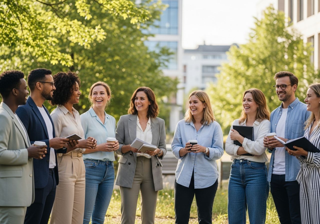 Skupina kolegů v přírodním prostředí, usmívají se a komunikují během teambuildingu.