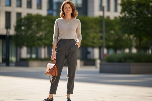 Stylová zralá žena v městském prostředí s jednoduchým outfitem a přirozeným vzhledem.