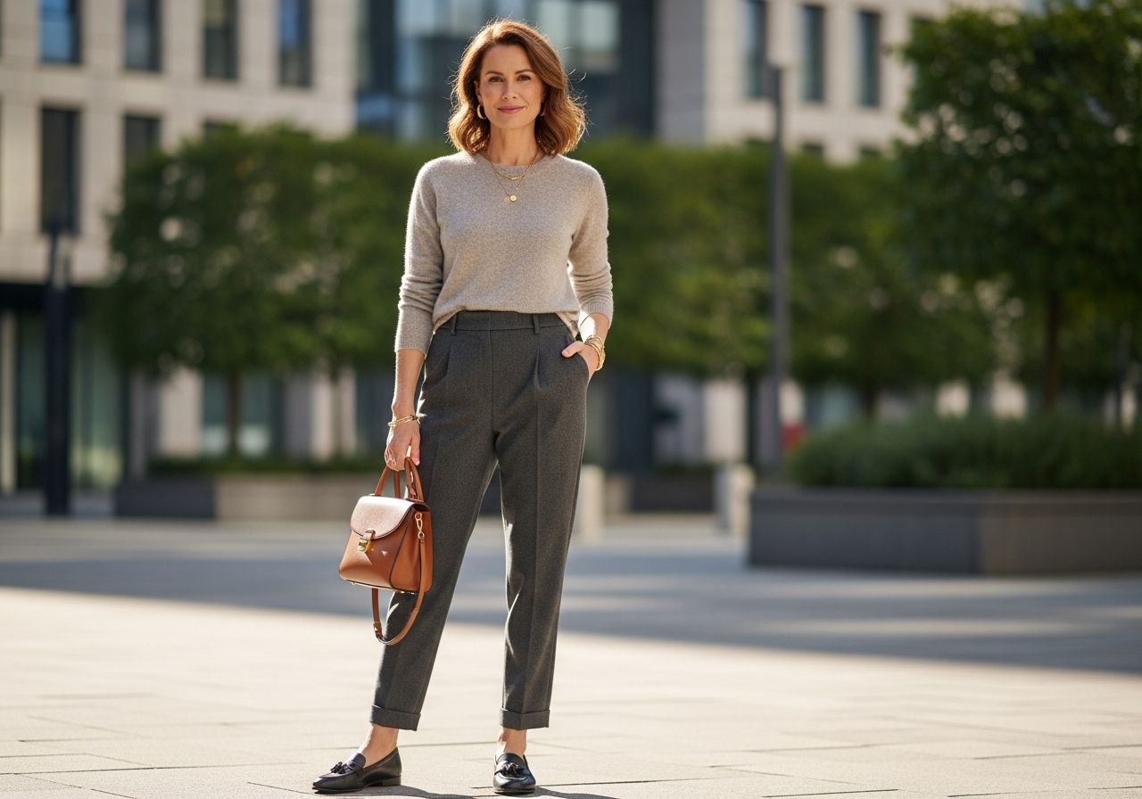 Stylová zralá žena v městském prostředí s jednoduchým outfitem a přirozeným vzhledem.