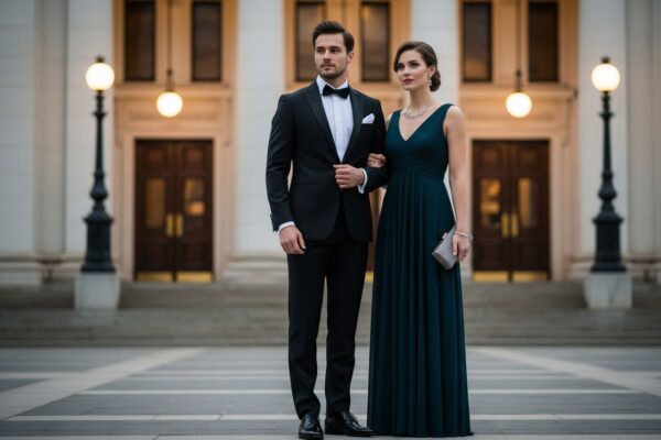 Elegantní pár před koncertní síní v večerním oblečení připravený na filharmonii.
