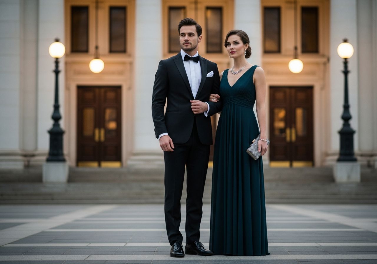 Elegantní pár před koncertní síní v večerním oblečení připravený na filharmonii.