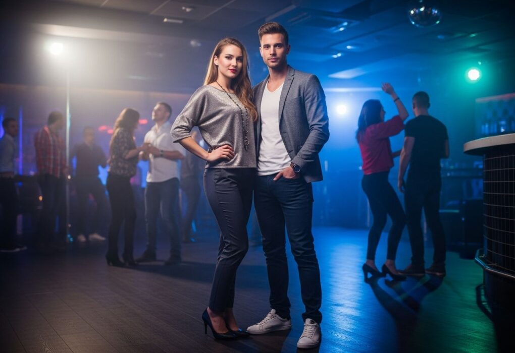 Mladý pár stojí v moderním klubu s barevným osvětlením a rozmazaným pozadím tanečníků.