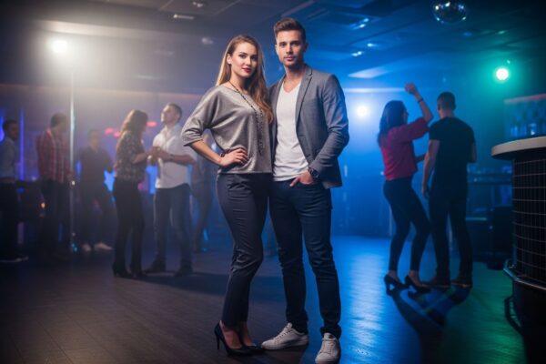 Mladý pár stojí v moderním klubu s barevným osvětlením a rozmazaným pozadím tanečníků.