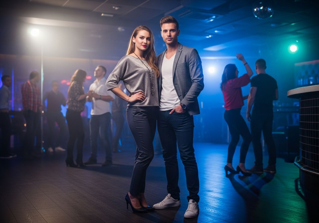 Mladý pár stojí v moderním klubu s barevným osvětlením a rozmazaným pozadím tanečníků.