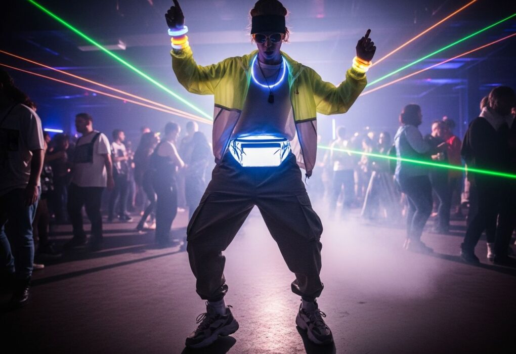 Mladý člověk tančí na techno párty v neonové bundě s LED náramky a reflexní ledvinkou.