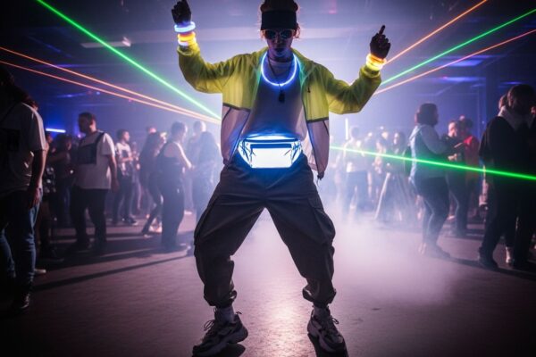 Mladý člověk tančí na techno párty v neonové bundě s LED náramky a reflexní ledvinkou.