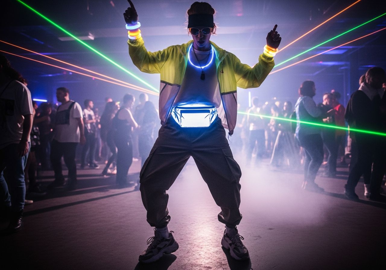 Mladý člověk tančí na techno párty v neonové bundě s LED náramky a reflexní ledvinkou.