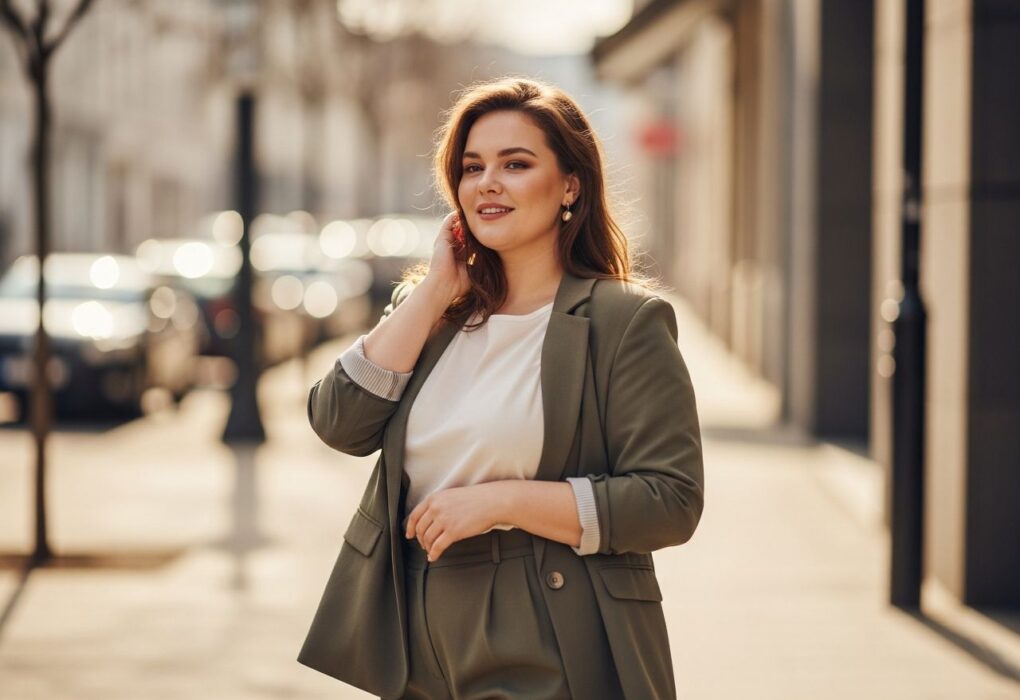 Plnoštíhlá žena ve městě v elegantním oblečení, usmívá se a zdůrazňuje křivky.