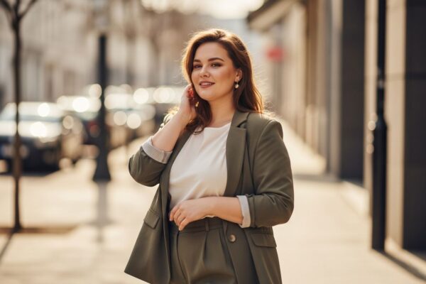 Plnoštíhlá žena ve městě v elegantním oblečení, usmívá se a zdůrazňuje křivky.