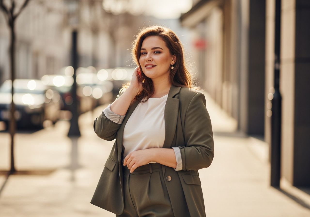 Plnoštíhlá žena ve městě v elegantním oblečení, usmívá se a zdůrazňuje křivky.
