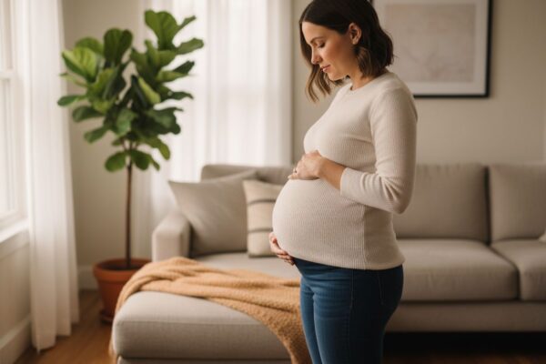 Těhotná žena v těsných džínách drží břicho v útulném obývacím pokoji s přirozeným světlem