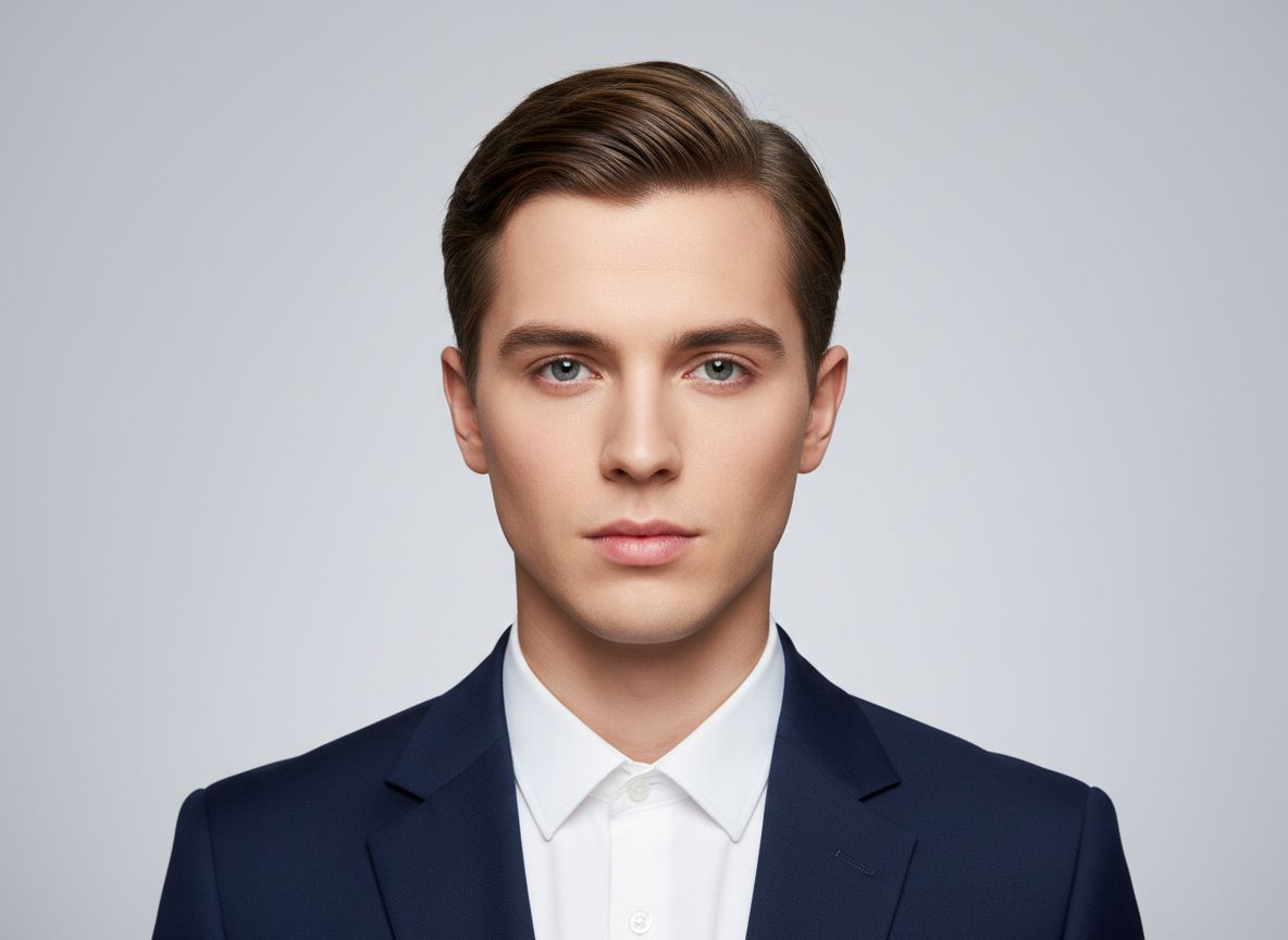 Portrét mladého dospělého v bílém košili a tmavém saku na neutrálním pozadí pro úřední foto.