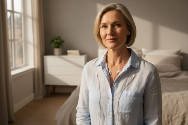 Středně věková osoba v ložnici s Holterův EKG monitor přes volnou světlou košili