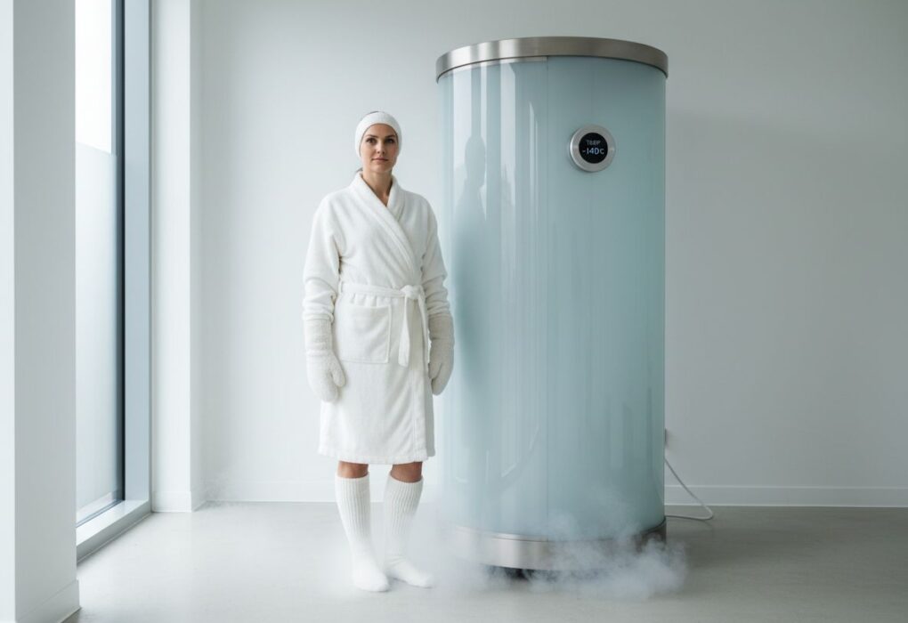Osoba připravující se na kryoterapii vedle kryosauny ve wellness klinice s jemnou mlhou.