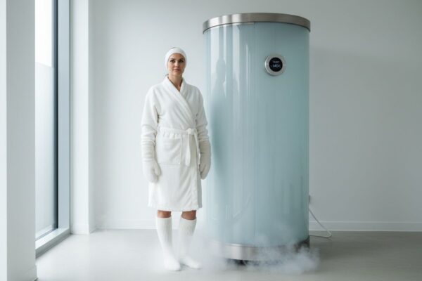 Osoba připravující se na kryoterapii vedle kryosauny ve wellness klinice s jemnou mlhou.
