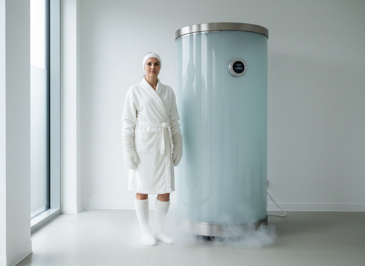 Osoba připravující se na kryoterapii vedle kryosauny ve wellness klinice s jemnou mlhou.